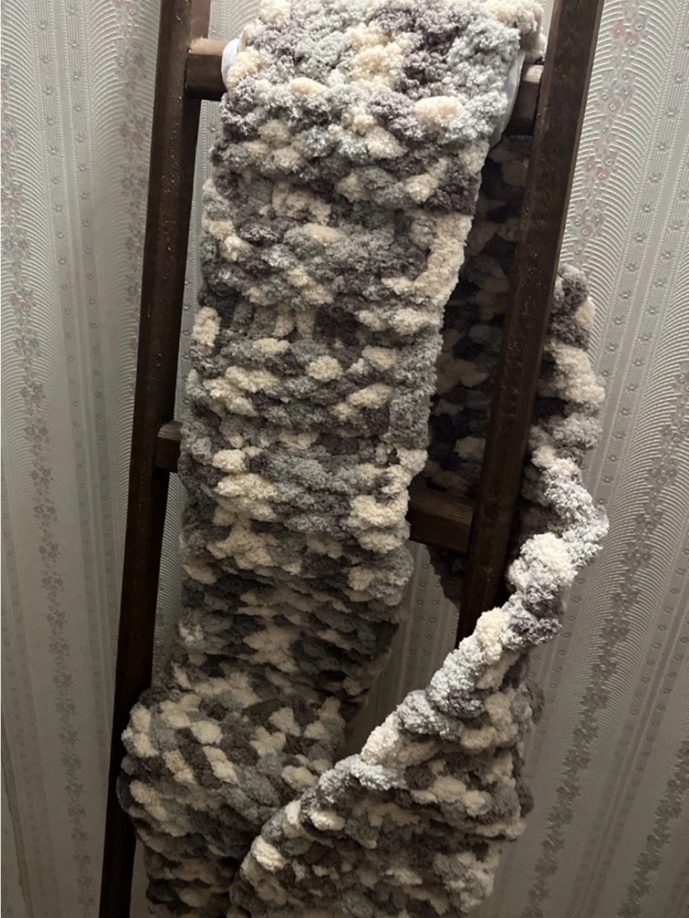 Hand Crafted Soft Plush Scarf in Gray and Cream